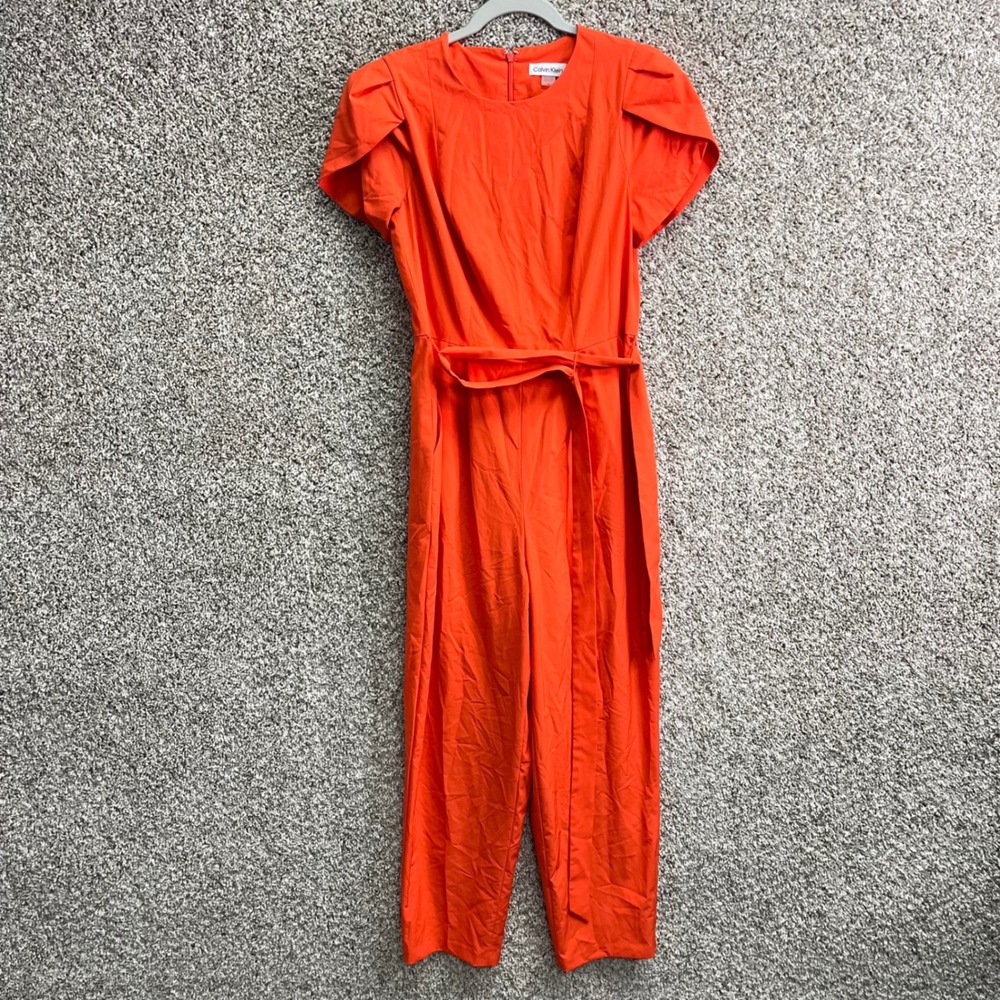 Calvin Klein Jumpsuit Women's 4 Orange Short Flutter Sleeve Belted Pocket‎
